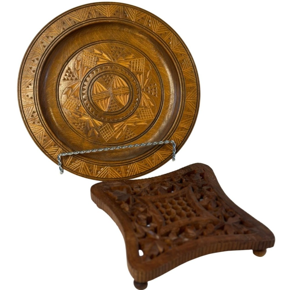 VTG 1970 Hand Carved Wooden Wall‎ Plate Bohemian Rustic Mandala Trivet Decor